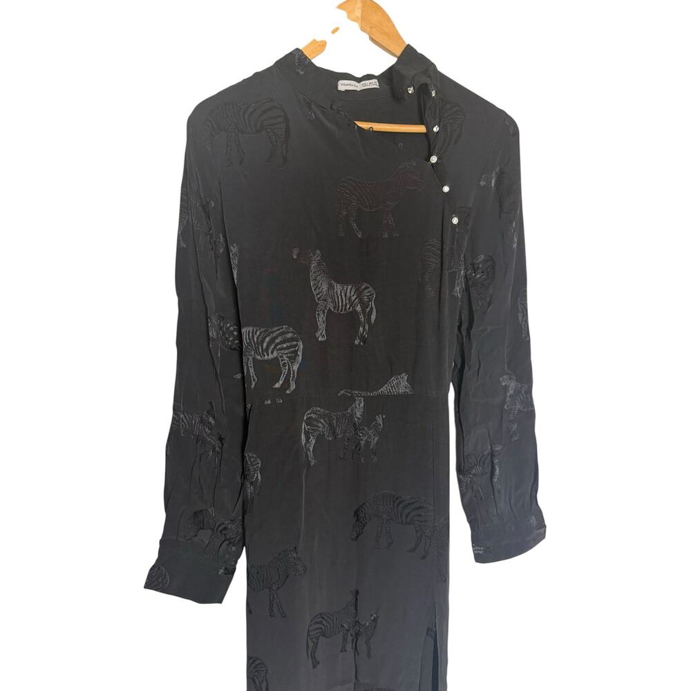 Black Tonal Zebra Print Long Sleeve Asymmetric Button Tie Waist Maxi Dress M - Picture 2 of 7